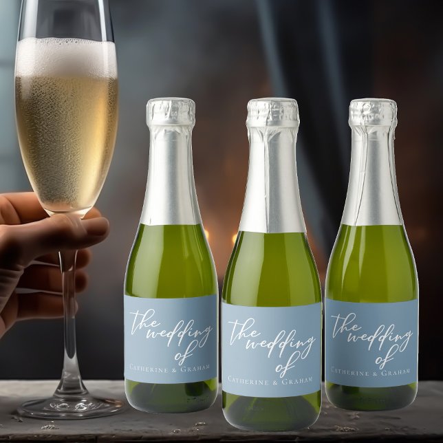 Dusty Blue Typography Wedding Personalised Mini Sparkling Wine Label (Creator Uploaded)