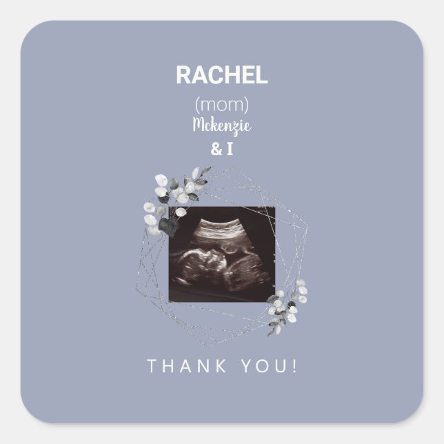 Dusty Blue Ultrasound Photo Thank You Baby Shower Square Sticker (Front)