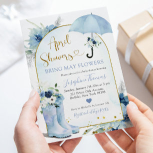 Dusty Blue Umbrella April Showers Baby Shower Invitation