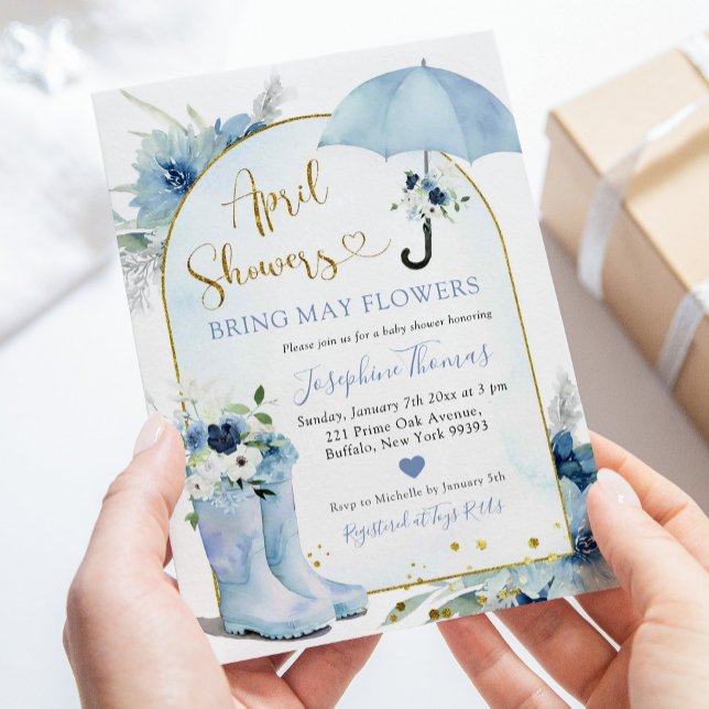 Dusty Blue Umbrella April Showers Baby Shower Invitation (Creator Uploaded)