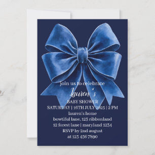 Dusty Blue Velvet Bow Baby Shower Invitation