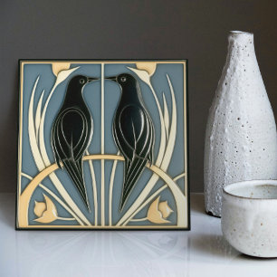 Dusty Blue Vintage Birds Mackintosh Art Deco Decor Tile