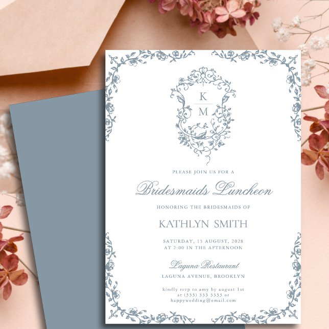 Dusty Blue Vintage Crest Bridesmaids luncheon Invitation (Creator Uploaded)