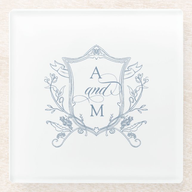 Dusty Blue Vintage Crest Wedding Glass Coaster (Front)