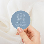 Dusty Blue Vintage Crest Wedding Thank You Classic Round Sticker<br><div class="desc">This beautiful design is part of a lovely collection! Featuring a delicate vintage frame and elegant text.</div>