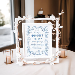 Dusty Blue Vintage Floral Baby Shower Mum Belly Poster