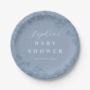 Dusty Blue Vintage Floral Baby Shower Paper Plate