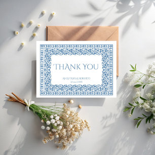 Dusty blue vintage floral border boho thank you card