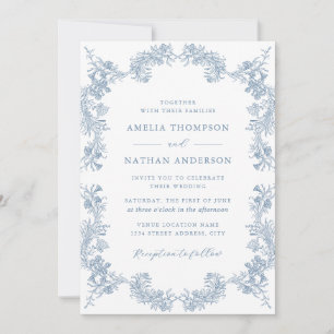 Dusty Blue Vintage Floral Elegant Wedding Invitation