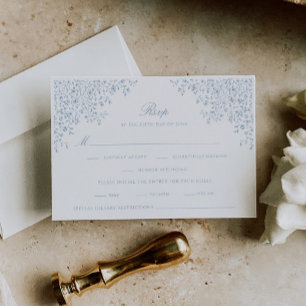 Dusty Blue Vintage Floral Line Art RSVP Card
