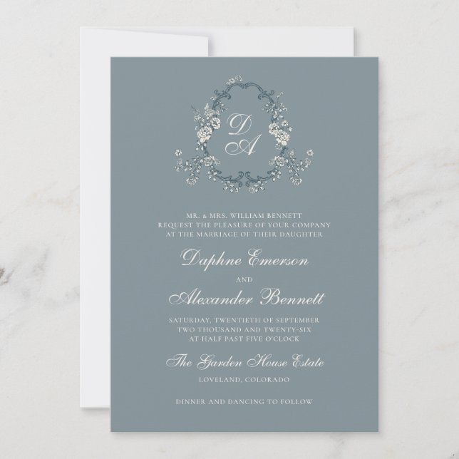 Dusty Blue Vintage Floral Monogrammed Wedding Invitation (Front)