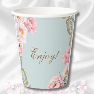 Dusty Blue Vintage Floral Peony Bridal Shower Paper Cups
