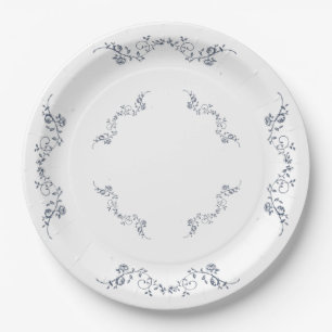Dusty Blue Vintage Floral Round Paper Party Plates