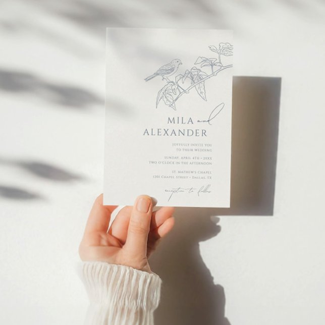Dusty Blue Vintage Floral Songbird Wedding Invitation (Creator Uploaded)