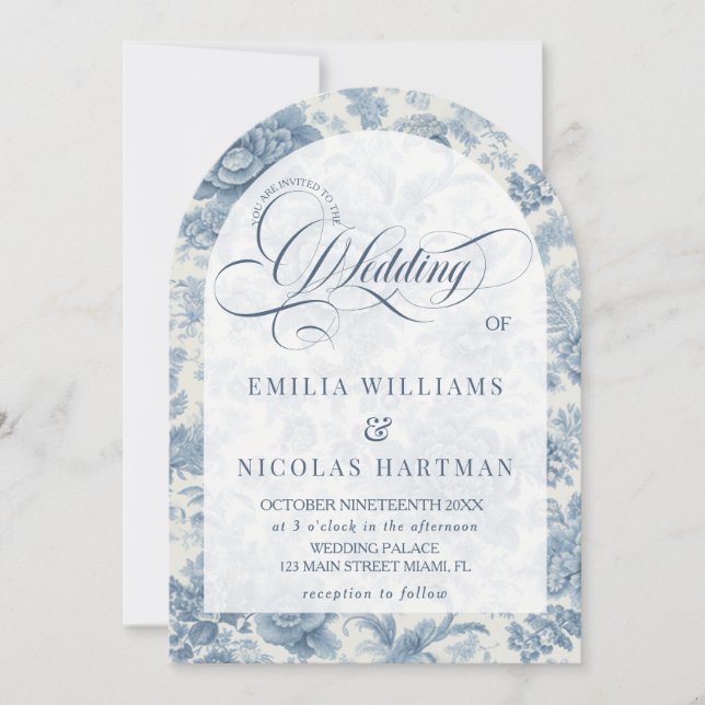 Dusty Blue Vintage Floral Wedding All In One  Invitation (Front)