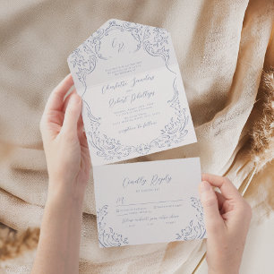 Dusty Blue Vintage Flourish Monogram Wedding All In One Invitation
