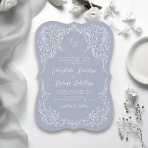 Dusty Blue Vintage Flourish Monogram Wedding Invitation