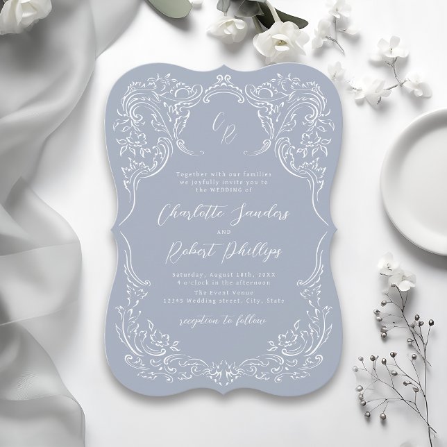 Dusty Blue Vintage Flourish Monogram Wedding Invitation (Dusty Blue Vintage Flourish Monogram Wedding Invitation)