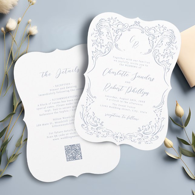 Dusty Blue Vintage Flourish Monogram Wedding Invitation (Dusty Blue Vintage Flourish Monogram Wedding Invitation)