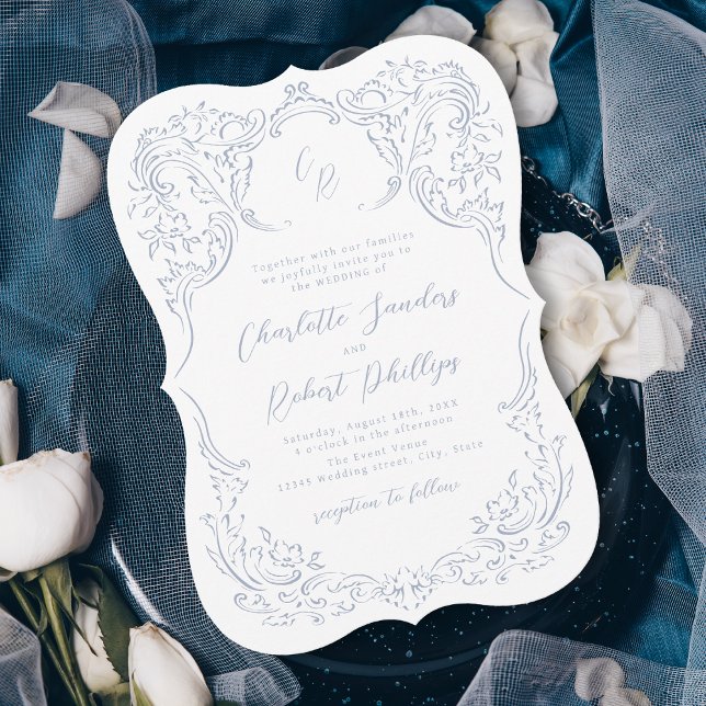 Dusty Blue Vintage Flourish Monogram Wedding Invitation (Dusty Blue Vintage Flourish Monogram Wedding Invitation)