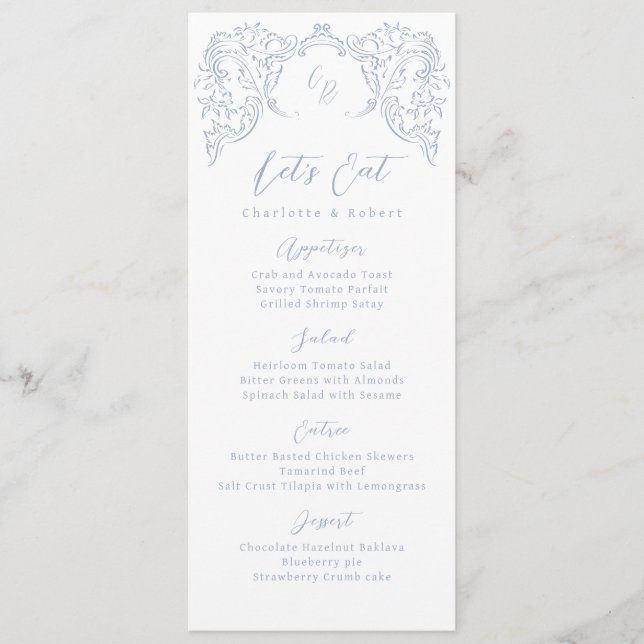 Dusty Blue Vintage Flourish Monogram Wedding Menu (Front)