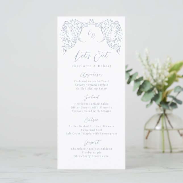 Dusty Blue Vintage Flourish Monogram Wedding Menu (Standing Front)