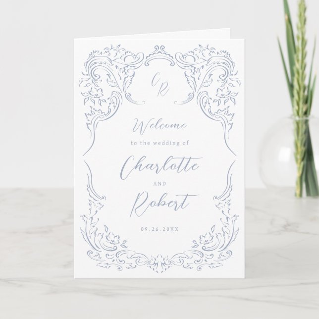 Dusty Blue Vintage Flourish Monogram Wedding Programme (Front)