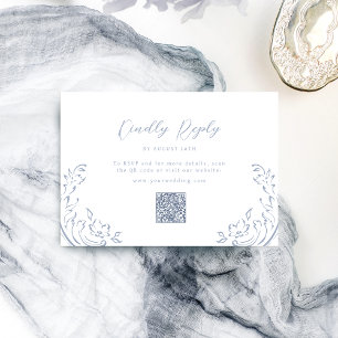 Dusty Blue Vintage Flourish QR code wedding RSVP Card