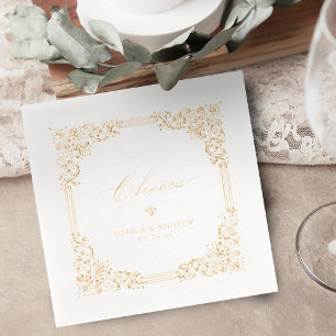 Dusty Blue Vintage Frame Elegant Cheers Wedding Foil Napkins