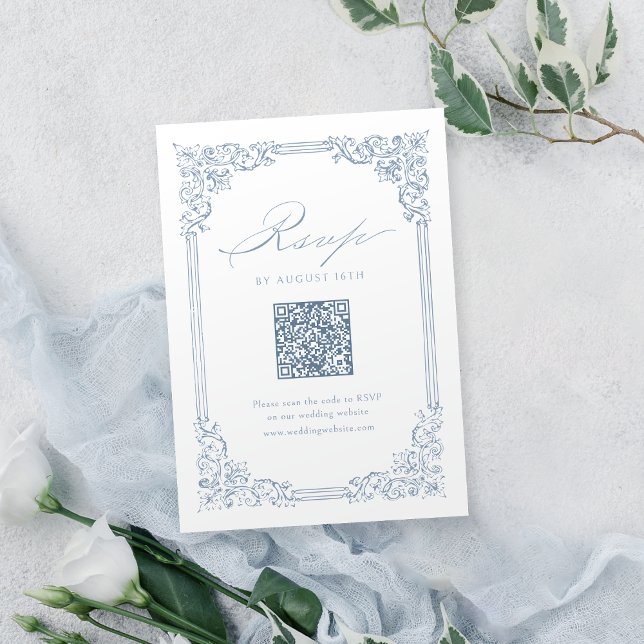 Dusty Blue Vintage Frame Elegant QR Code Wedding RSVP Card (Dusty Blue Vintage Frame Elegant QR Code Wedding RSVP Card)