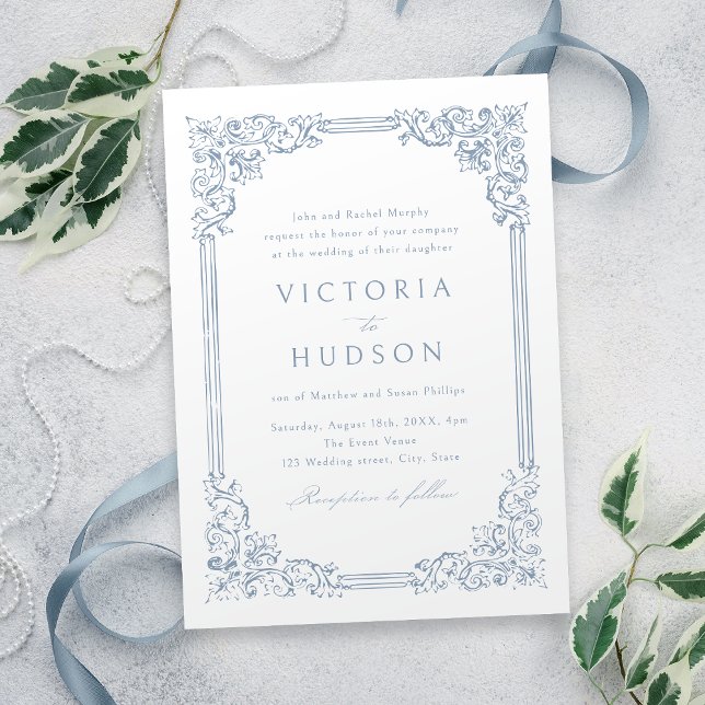 Dusty Blue Vintage Frame Elegant Wedding  Invitation (Dusty Blue Vintage Frame Elegant Wedding Invitation)