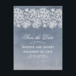 Dusty Blue Vintage Lace Save the Date Announcement Postcard<br><div class="desc">White floral lace dusty blue vintage save the date postcards</div>