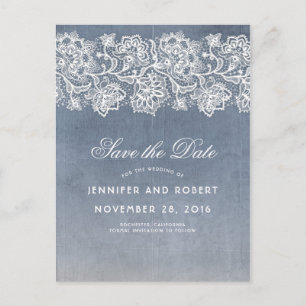 Dusty Blue Vintage Lace Save the Date Announcement Postcard