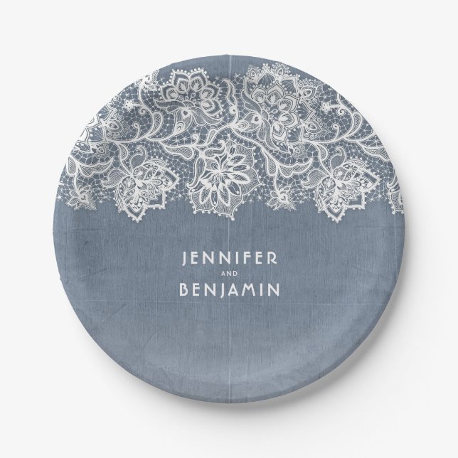 Dusty Blue Vintage Lace Wedding Paper Plate (Front)