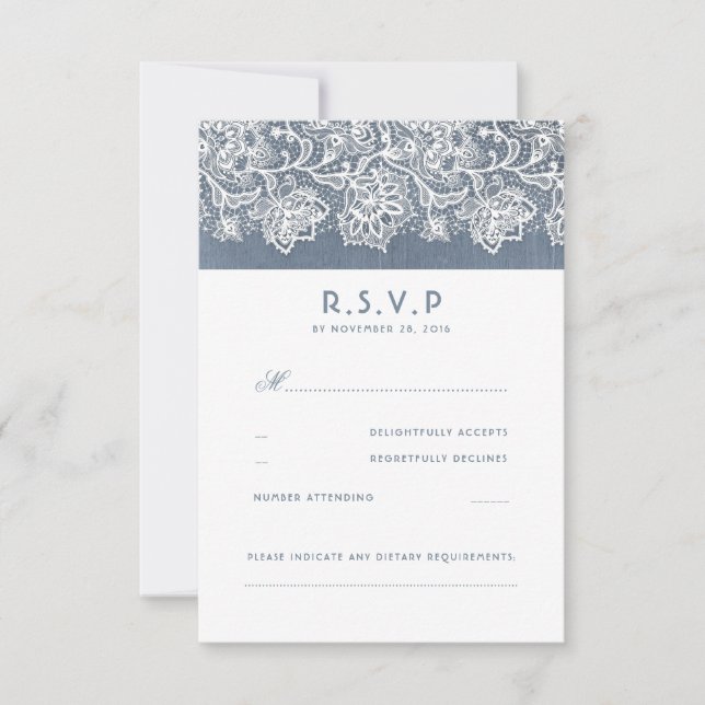 Dusty Blue Vintage Lace Wedding RSVP Card (Front)