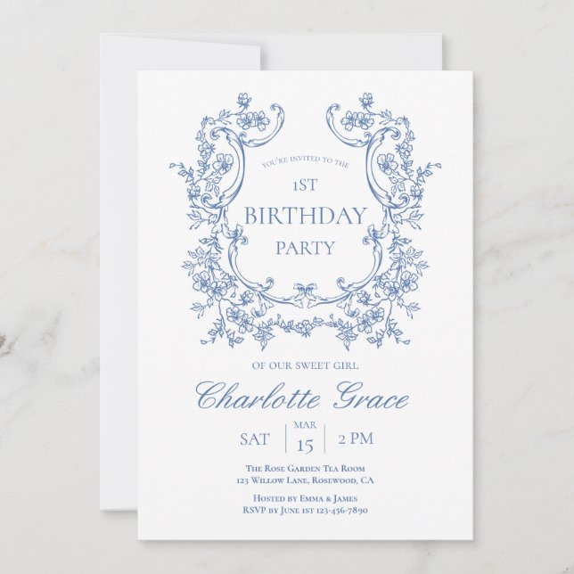Dusty Blue Vintage Monogram Birthday Invitation (Front)