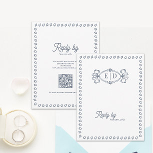 Dusty Blue Vintage Monogram QR Code Wedding RSVP C Card