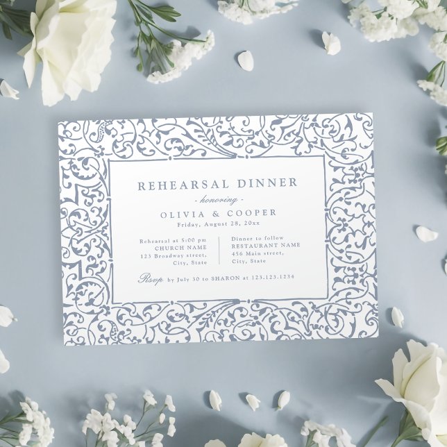 Dusty Blue Vintage Ornate Frame Rehearsal Dinner Invitation (Dusty Blue Vintage Ornate Frame Rehearsal Dinner Invitation)