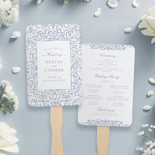 Dusty Blue Vintage Ornate Frame Wedding Program Hand Fan