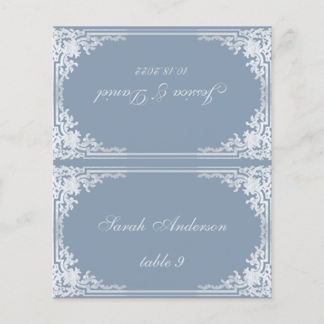 Dusty Blue Vintage Printed Name Wedding Place Card (Front)