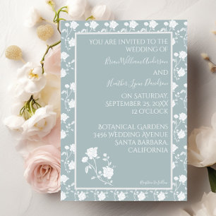 Dusty Blue Vintage Rose Wedding Invitation