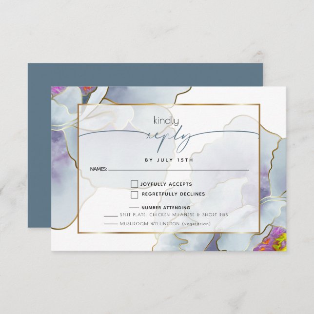 Dusty Blue Violet Exotic Floral Meal Choice RSVP Card (Front/Back)