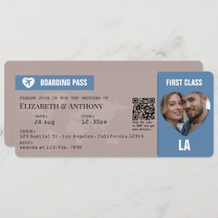 Dusty Blue & Warm Taupe Boarding Pass Wedding Invitation
