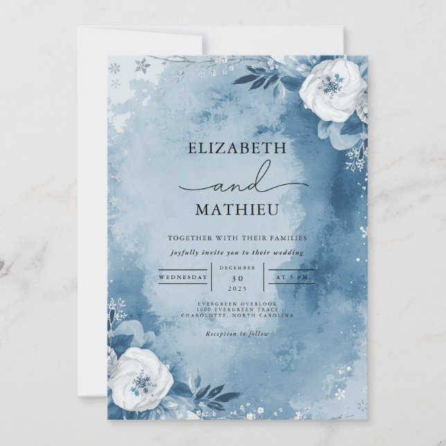 Dusty Blue Wash Floral Frame Wedding Invitation (Front)