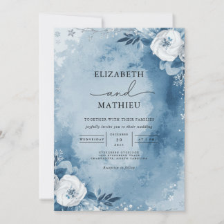 Dusty Blue Wash Floral Frame Wedding Invitation