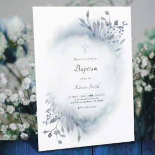 dusty blue watercolor  Baptism baby boy Invitation