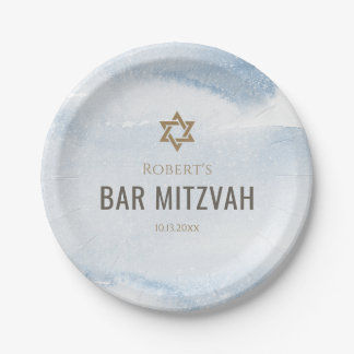 Dusty Blue Watercolor Bar Mitzvah Paper Plate