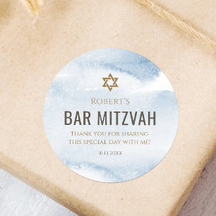 Dusty Blue Watercolor Bar Mitzvah Round Sticker
