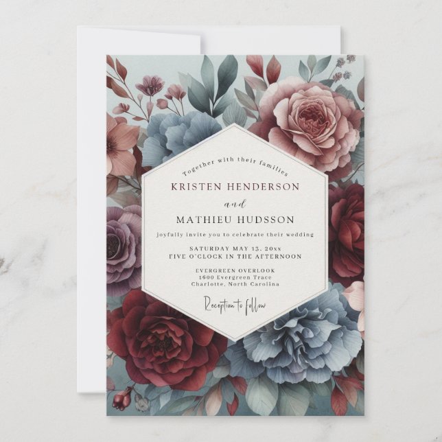 Dusty Blue Watercolor Bloom Wedding Invitation (Front)
