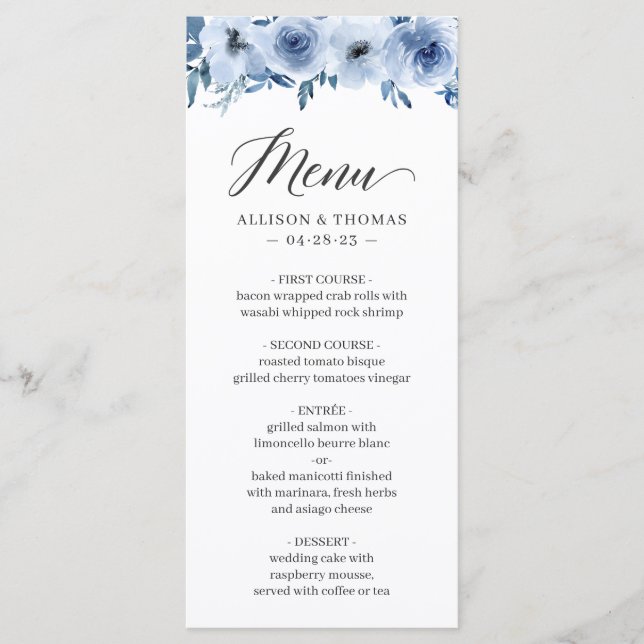 Dusty Blue Watercolor Bohemian Floral Wedding Menu (Front)